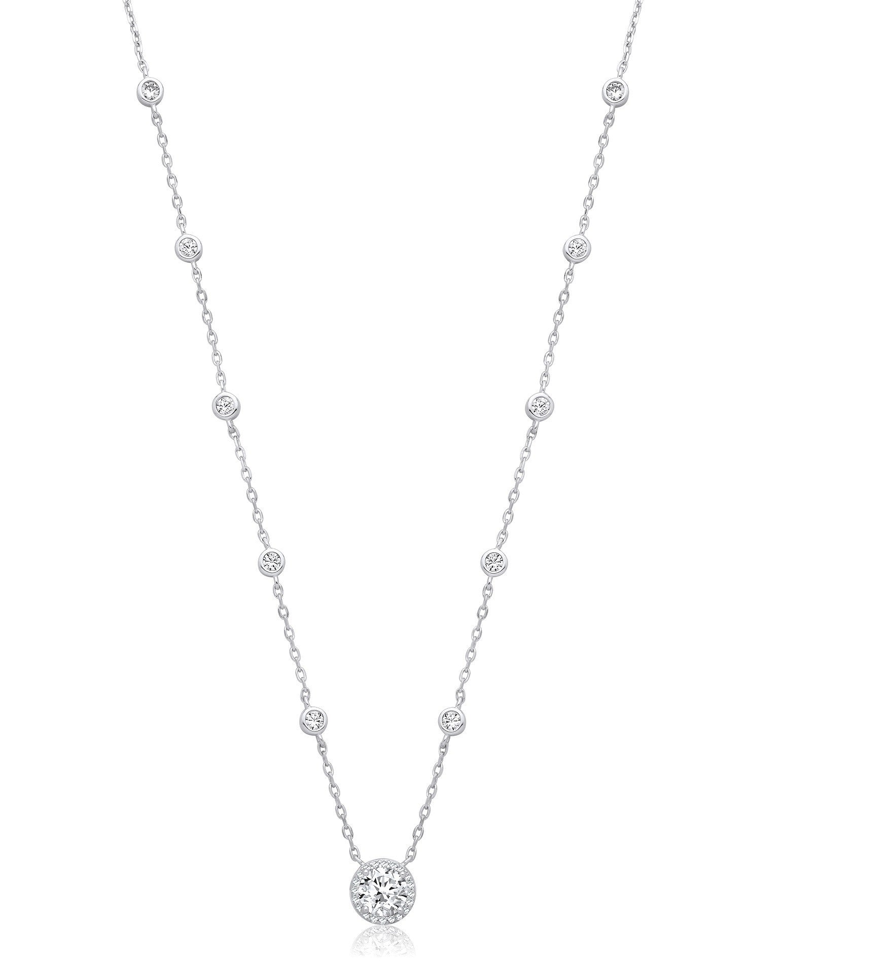 Silver 10 Rubover Cubic Zirconia with Halo Cubic Zirconia Pendant Necklace