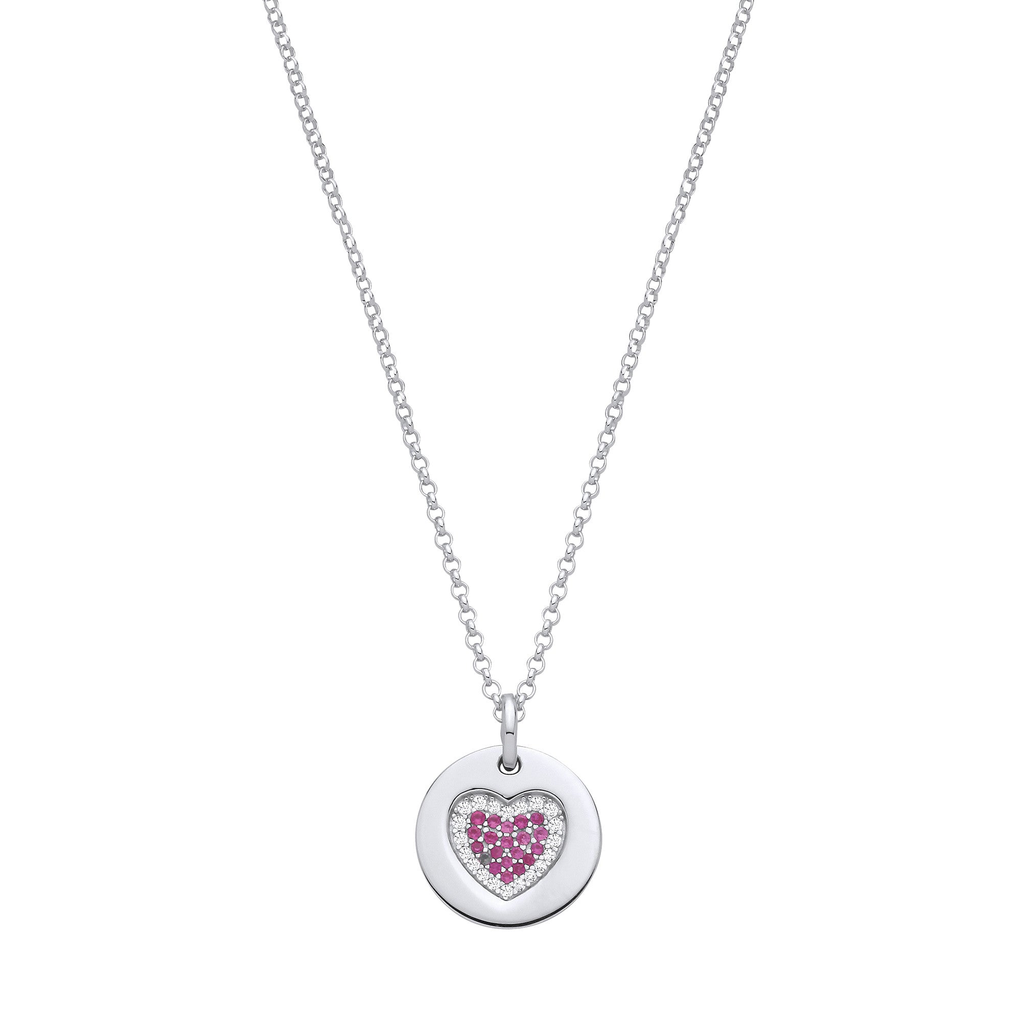 925 Silver Chain with Pink Cubic Zirconia Heart on Circle Pendant