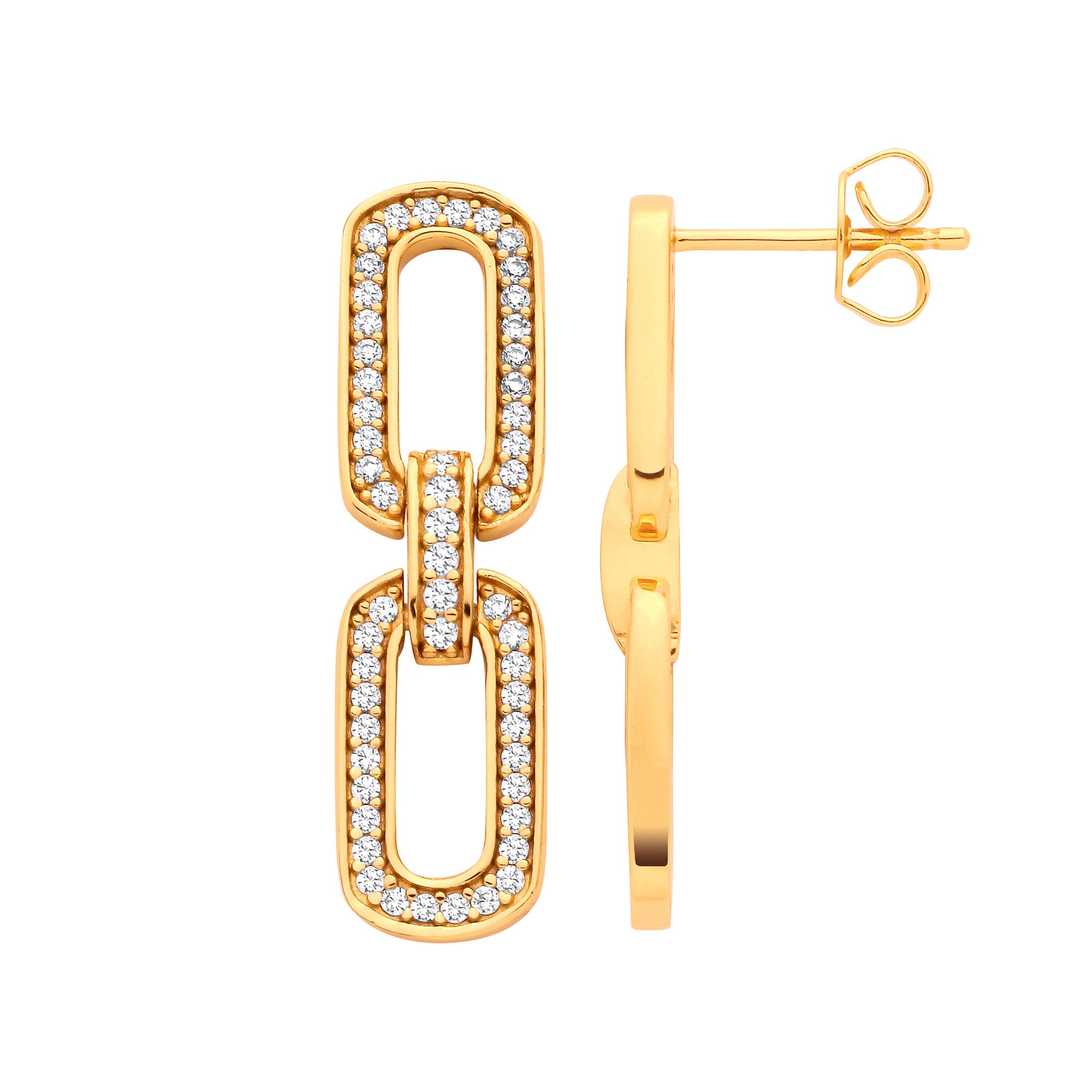 Silver 18ct Yellow Gold Plated CZ Paper Clip Drop Earrings