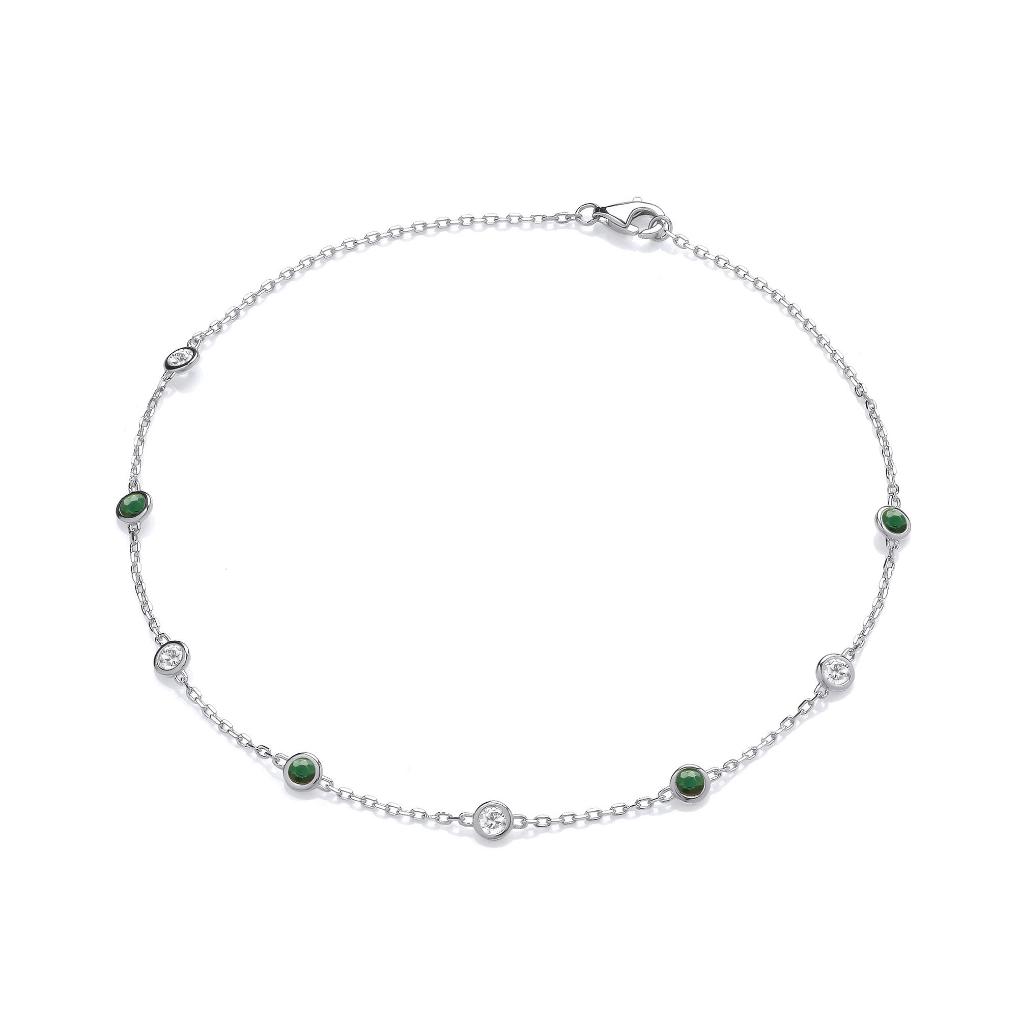 Silver Rubover Green & Clear Cz's Ladies Anklet