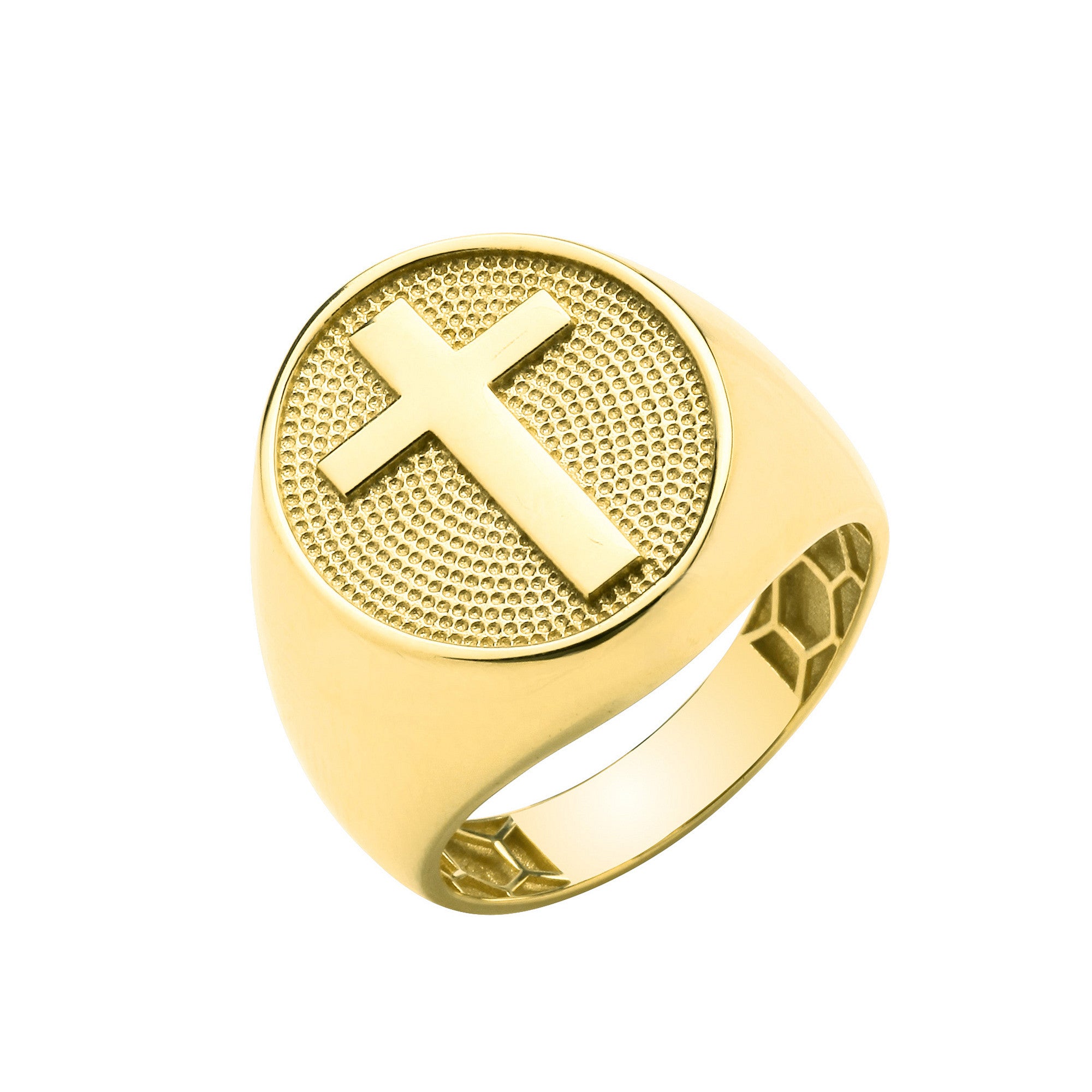 Yellow Gold Oval Signet Ring with Cross Detail for Men