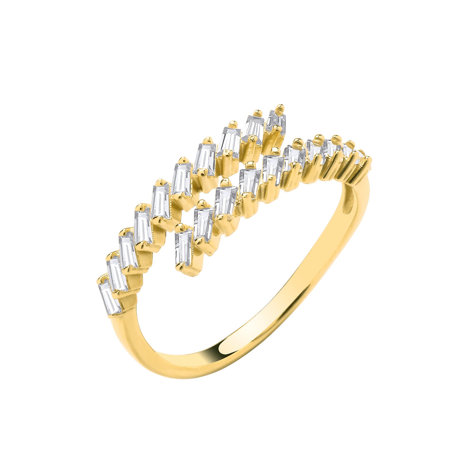Yellow Gold  Cross-Over CZ Baguettes Ladies Ring