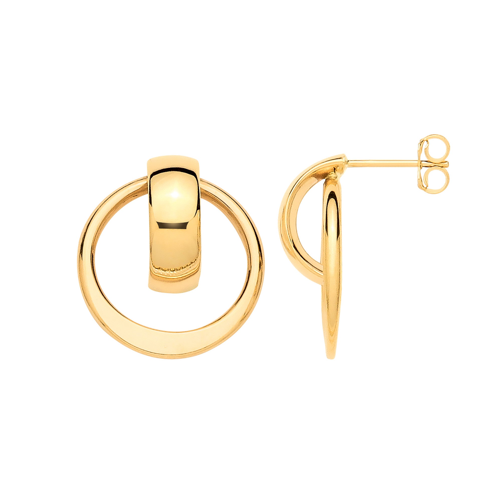 Yellow Gold Half Hoop & Circle Drop Earrings