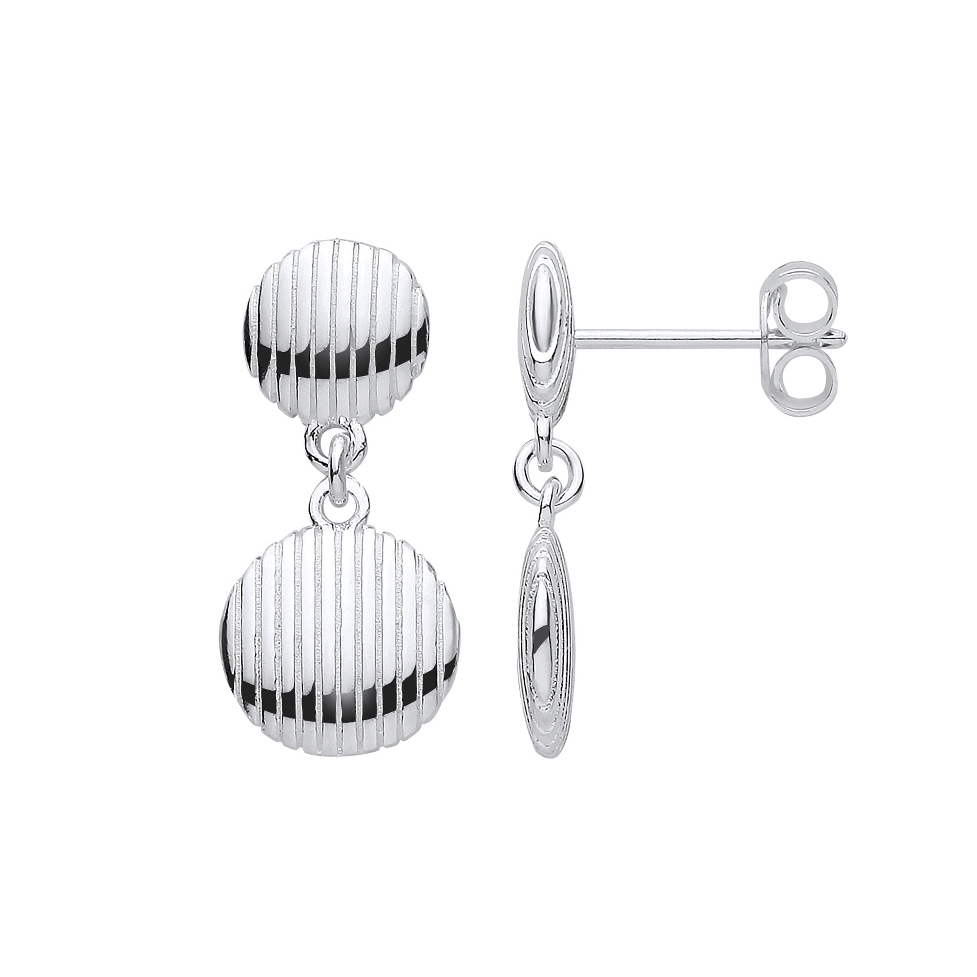 Silver Button Ribbed Drop Earrings