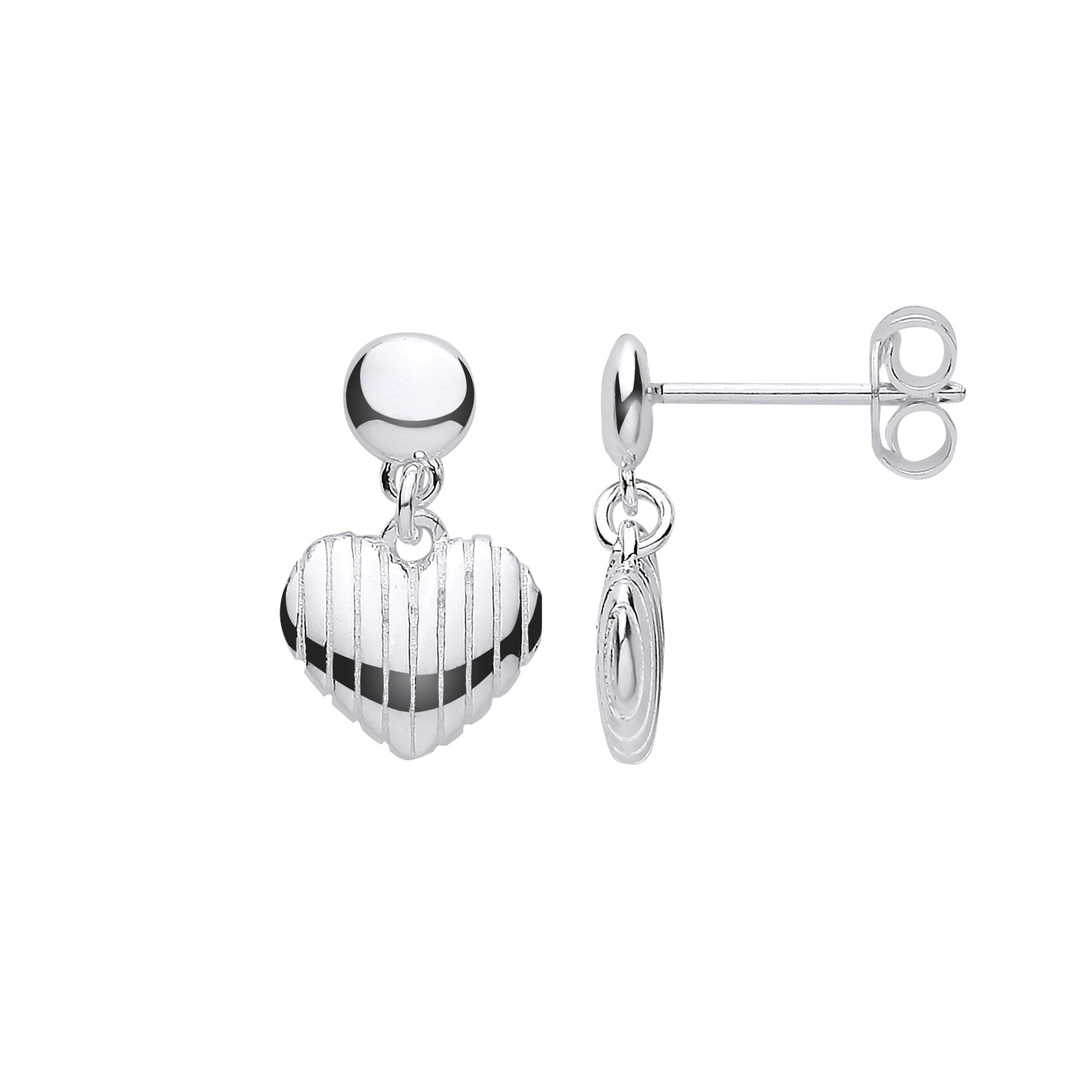 Silver Heart Ribbed Drop Earrings