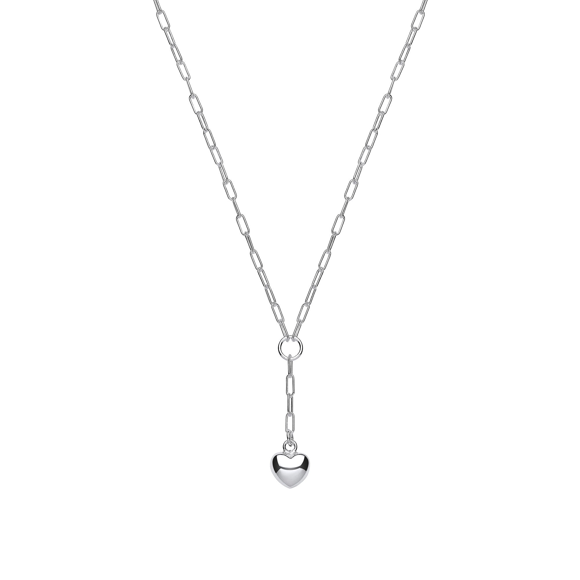 Silver Chain Paper Clip Link with Heart Drop Pendant