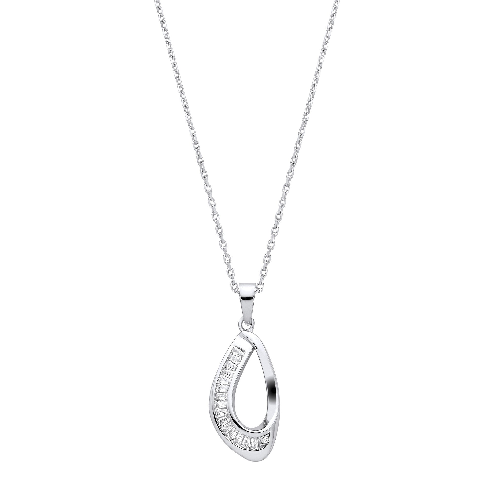 Silver Baguette CZs Open Teardrop Pendant with Chain