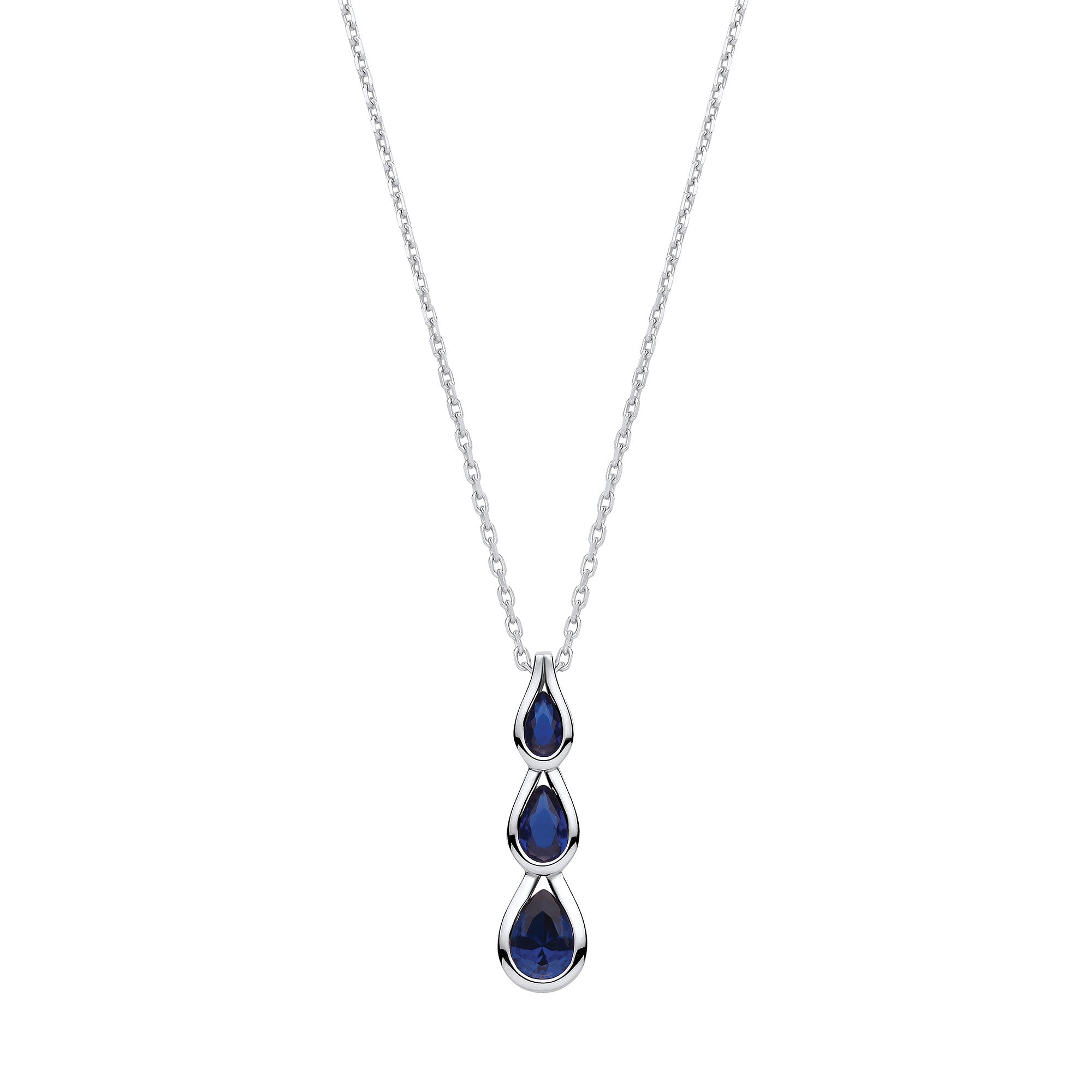 Blue Pear Shaped CZs Silver Pendant with Chain