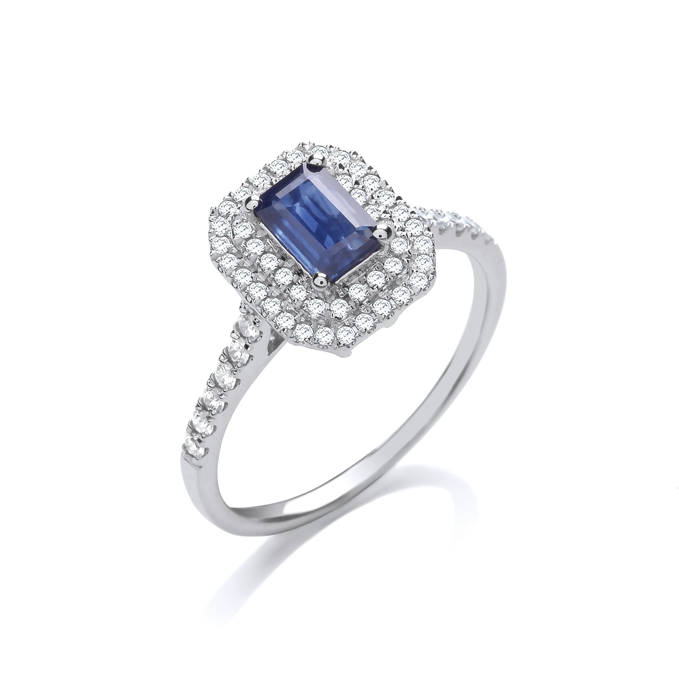 9ct White Gold 0.30ct Double Halo Diamond & 0.66ct Emerald Cut Sapphire Ring